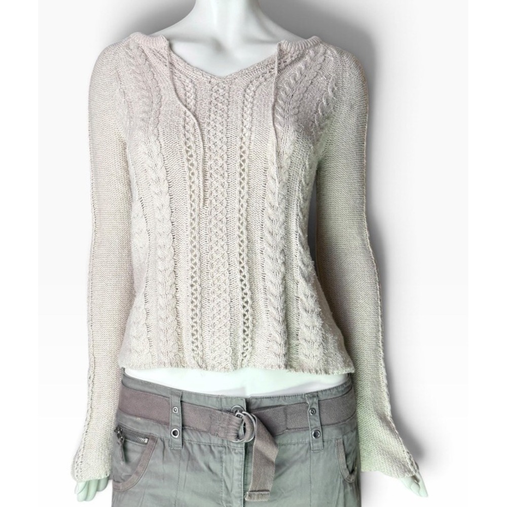 American Eagle Cable Knit V-Neck Sweater Beige Flare Cuff Y2K Preppy Boho L/G 80